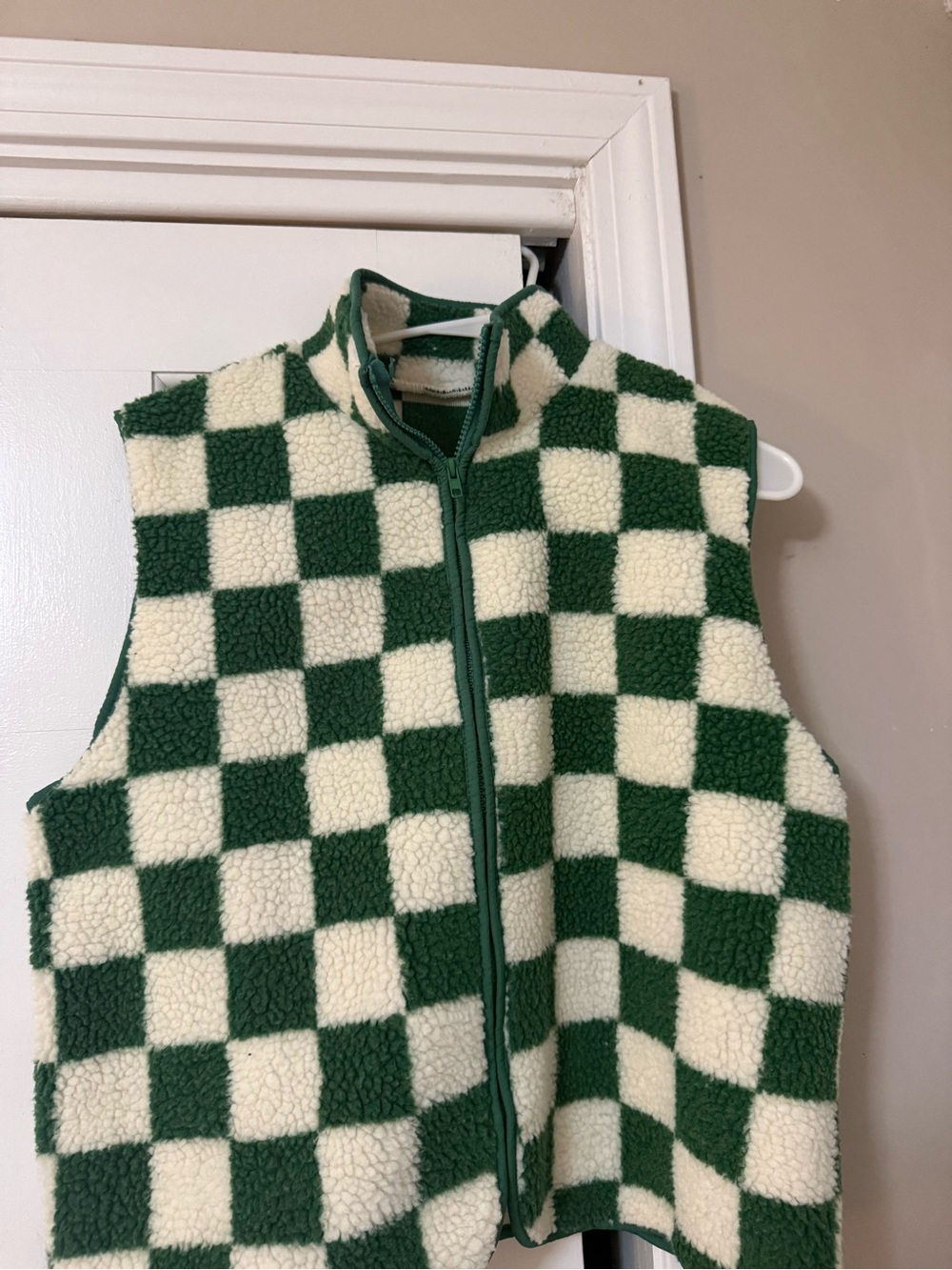 Green and Cream Checkerboard Sherpa Vest